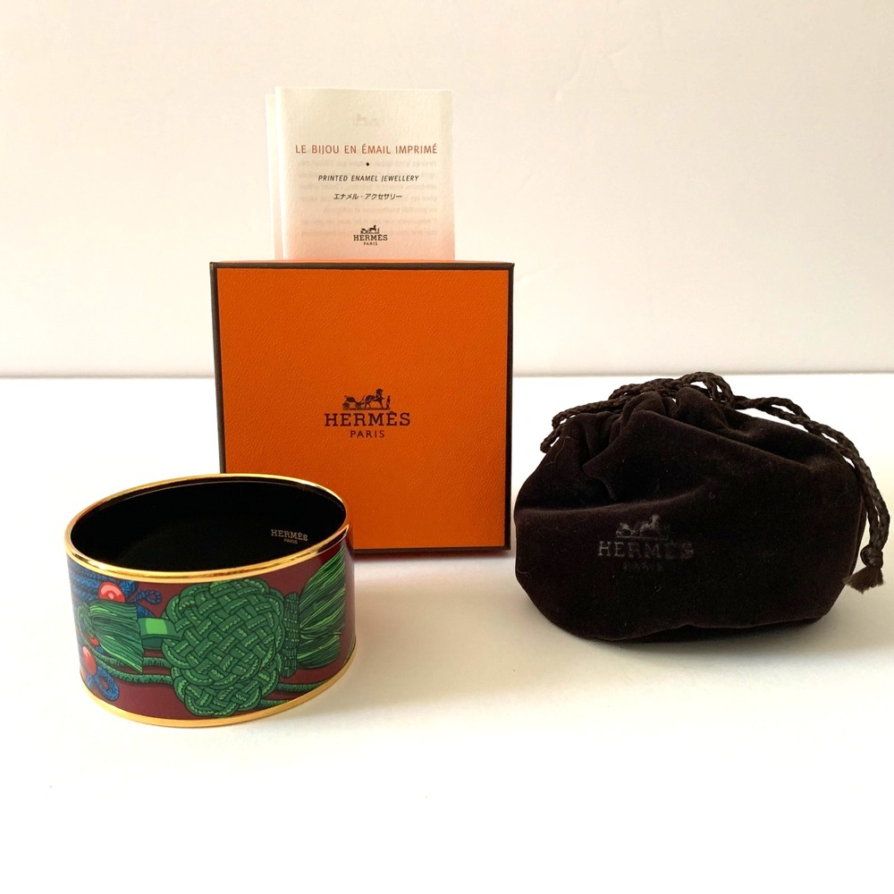Hermes Brandebourgs Rope Tassel Extra Wide Enamel Bangle Bracelet 65 PM Gold Box